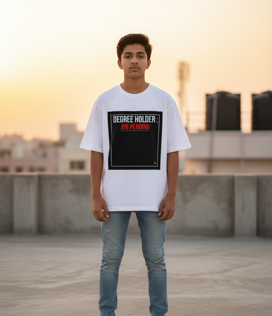 DEGREE HOLDER: JOB PENDING WHITE Unisex Oversized Classic T-Shirt